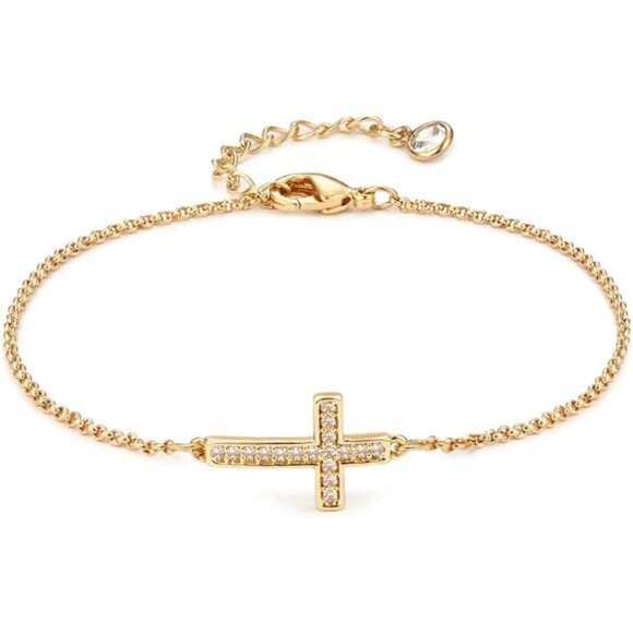 Gold filled cross bracelet dainty chain adjustable CZ minimalist jewelry for wom - Picture 1 of 7